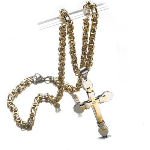 5mm Fashion Stainless Steel Silver Color Gold Mens Premium Gift Byzantine Chain Jesus Cross Crucifix Pendant Necklace 18"-40"