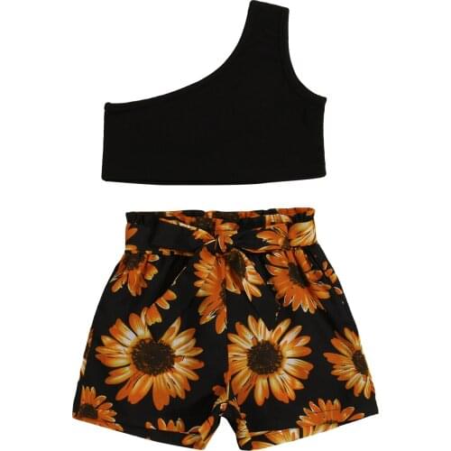2-7 Y Baby Girls Solid Color Clothes Set Sleeveless Off-Shoulder Cropped Tops + Sunflower Print Short Pants Black Casual Wear