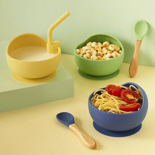 3pcs Childrens Dinnerware Set Soft Silicone Bowl Spoon Strong Suction Cup With Straw Baby Soup Feeding Baby One-piece Tableware