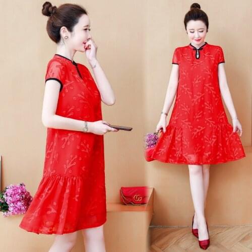 2021 New Red Jacquard Elegant Vintage Chinese Traditional Casual Party Women Midi Dress Summer Cheongsam Dresses M-4XL Plus Size