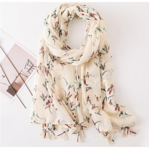 2021 Newest Flower Printed Scarf Shawls Women Tassesl Hijabs Fashion Cotton Muslim Head Wraps Large Size Headscarf Turbans 1PC