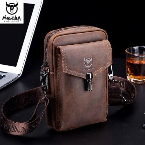 New Hot Brand Crazy Horse Leather Mens Bag Male Shoulder bag Multifunctional 7-inch Mobile Phone Bag Belt bag Messenger Bags