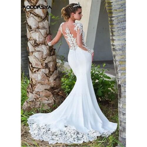 RODDRSYA Long Sleeves Sheer Lace Appliques Mermaid Wedding Dresses Bridal Gowns See Through Back With Buttons Back Simple
