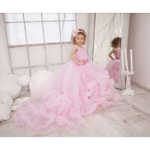 Pink Long Train Tiered Puffy Girls Birthday Celebration Dresses Gowns Pink Flower Girls Dresses Cloud Puffy Bottom Custom