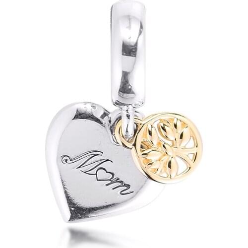 Two-tone Family Tree&Heart Dangle Charm Fits Pandora Bracelets on hand Sterling Silver DIY Jewelry 2021 Trend for Mother Gift
