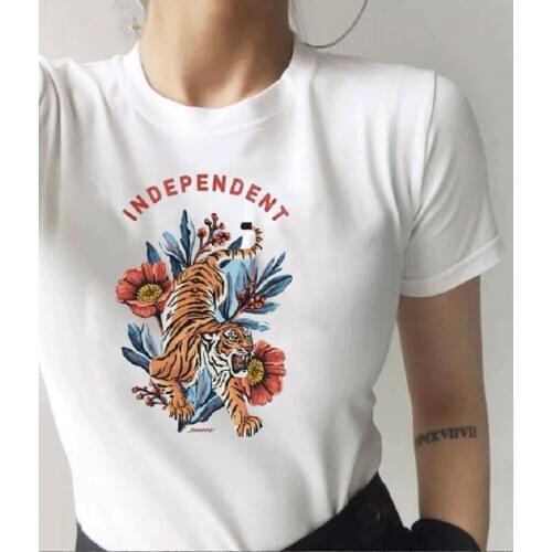 Tiger Independent Rose Graphic Tee 70s Fashion Vintage White Women T-Shirt Casual Funny Harajuku Hipster Tumblr Tee Top
