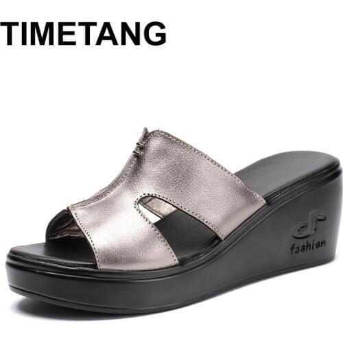 TIMETANG Women slippers new ladies summer slippers shoes women wedges heels fashion summer genuine leather platform shoes