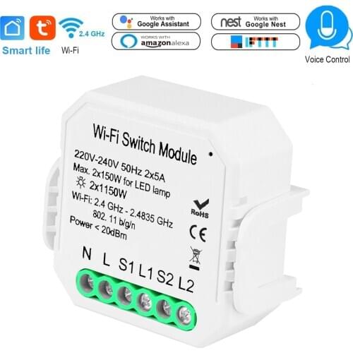 Tuya Smart Switch Relay Breaker Module 2300W Wifi Light Switch 2 Way Controller Voice Control Compatible Alexa Echo Google home