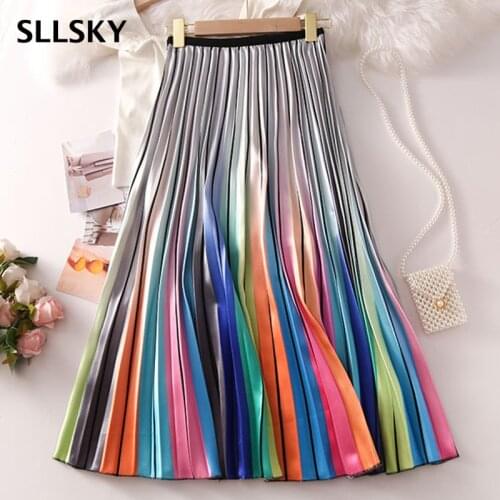 SLLSKY Fashion Rainbow Printted Women Skirts Elastic Band Waist Pleated Skirts Female High Waist Elegant Mid Calf Long Skirts