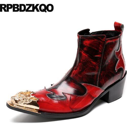 Real leather ankle chunky italian designer shoes genuine plus size full grain burgundy mens high heel boots zipper pointed toe