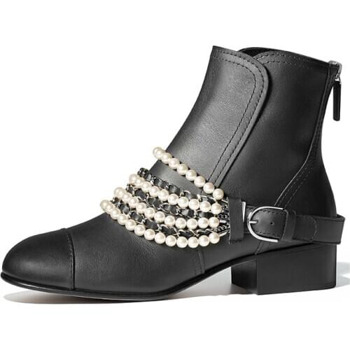 2020 Womens Ankle Boots Luxury Designer Genuine Sheepskin Ladies Shoes Classic Office Pearl Runway Real Leather Chelsea Boots