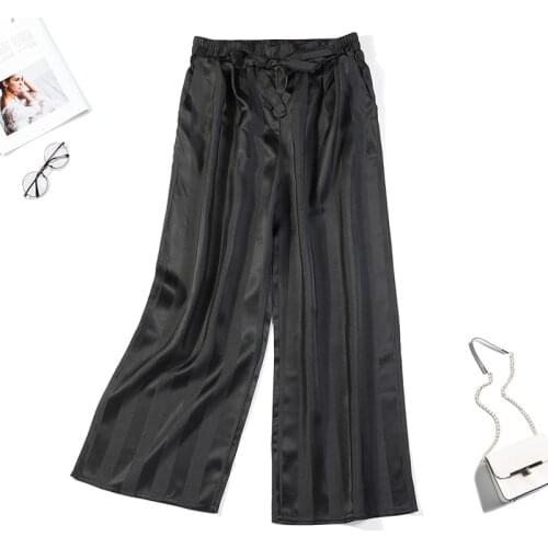 Womens 100% Mulberry Silk Black Stripes Satin Silk Belted Elastic Waist Wide Leg Long Pants Trousers JN661