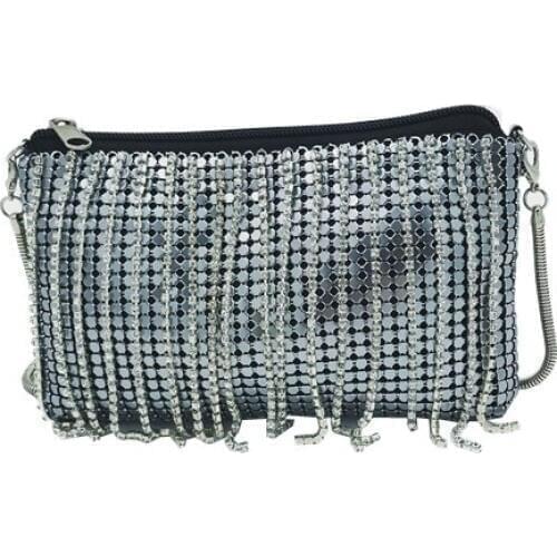 Women Mini Bags Crystal Silver Crossbody Shoulder Bag Tassel Retro Handbags Luxury Small Metal Chain Purse Ladies Evening Bags