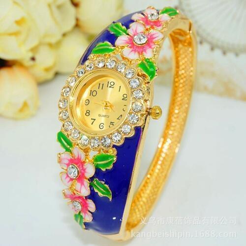 Women Brand Luxury Chinese Style Bracelet Gold Dress Watch Folk Style Lady Gold Bangle Enamel Diamond Bracelet Quartz Wristwatch
