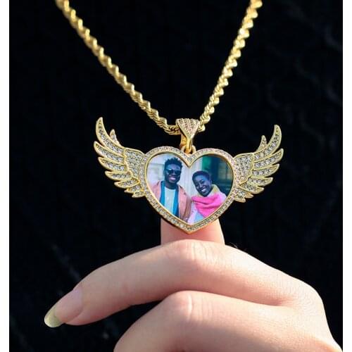 Heart Angel Wings Custom Photo Pendant Necklace Chain For Mens Women Hip Hop Jewelry Personality Name Engraved Custom Gift