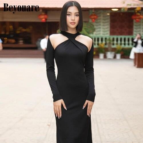 Beyouare Hollow Out Halter Midi Dress Women Elegant Long Sleeve Slim Bodycon Sexy Party Knee-Length Evening Dresses Autumn 2021