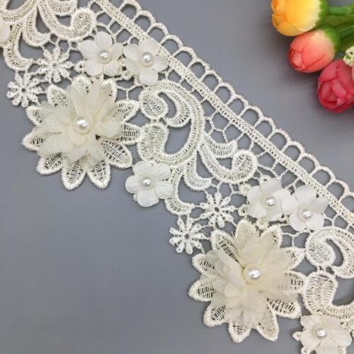 1 Yard Apricot 9cm Pearl 3D Flower Tassel Lace Trim Ribbon Fabric Embroidered Applique DIY Sewing Craft Wedding Dress Clothes