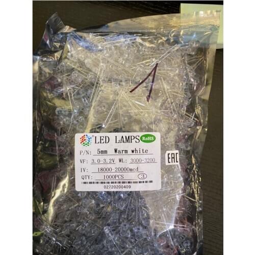 10000PCS F5 WARM WHITE LED DIP-2 5MM Round Water Clear LONG LEGS 3.0-3.2V 18000-2000MCD Light Emitting Diode LAMP