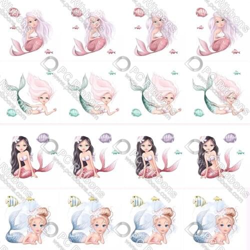 16-75MM Cartoon Mermaid Printed Grosgrain&Sati& Foe&Lanyard DIY Handmade Materials Christmas Wedding Gift Wrap Tape 50yards