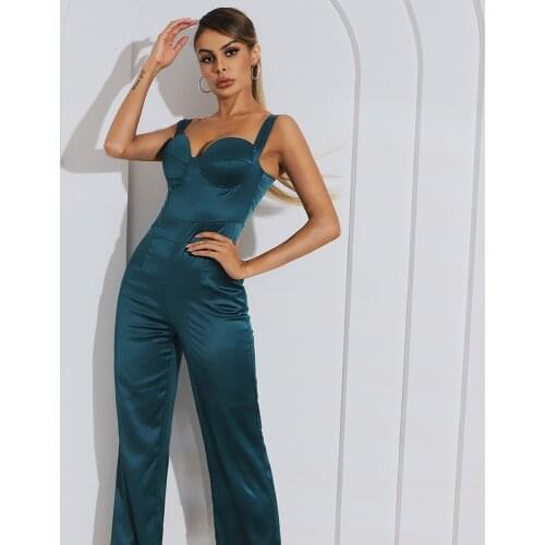 2021 New Fashion Women Sexy Green Pink V Neck Elegant Party Jumpsuit
