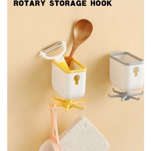 6 Claw Rotating Storage Hook Wall Mounted Bath Kitchen Hooks Multi-purpose 360 Degree Plastic Storage Box With Hook