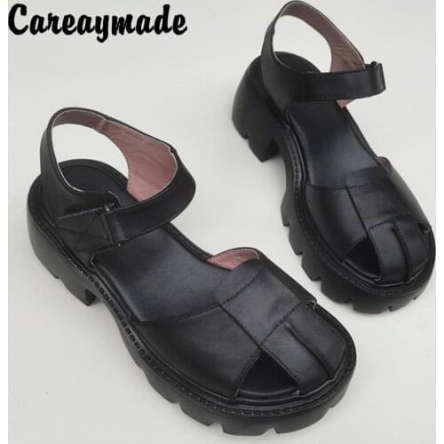 Careaymade-Light breathable casual sandals womens medium high heel thin muffin thick bottom top layer cowhide Baotou sandals