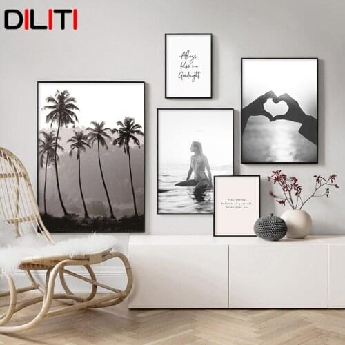 Black White Summer Vacation Ocean Wall Art Sexy Surfing Girl Canvas Painting Nordic Love Gesture Print Poster for Living Room