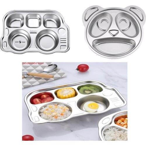 Stainless Steel Childrens Plate Cute Bus Bear Grid Plate Kids Breakfast Dinner Dinnerware Baby Food Dishes Tray