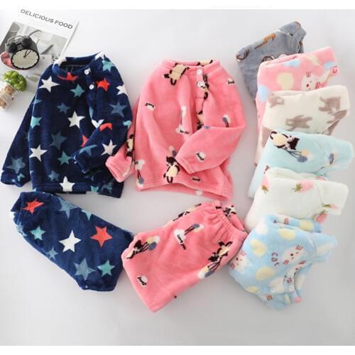 Children Flannel Pajamas Kids Toddler Boys Girls PJS Thick Warm Top and Pants Sets 2019 Fall Autumn Winter Sleepwear Nightwear