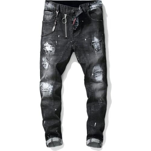 Men Fashion Black White Jeans Stitching Slim Elastic Beggar Pants Holes Paint Pants Zipper Style Trousers Casual Clothing