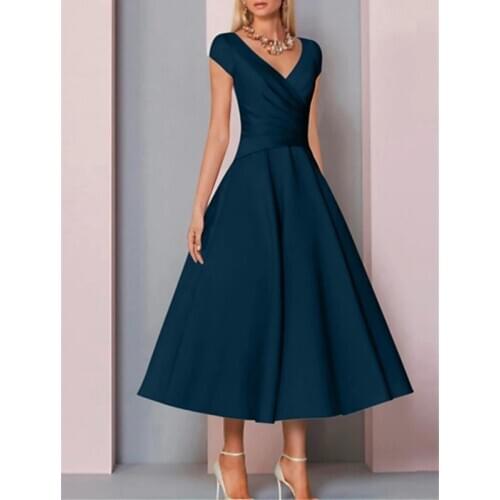 Elegant V Neck Tea Length Charmeuse Mother of the Bride Dresses 2020 Navy Blue Sleeveless Mother Evening Dress with Ruching