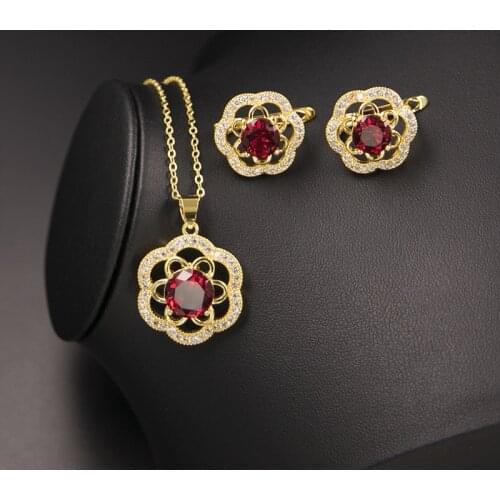 Big Promotion Many Colors Rose Square Rose Gold Jewelry For Wedding Dress Rose Red Zircon Hoop Earrings Necklace Set