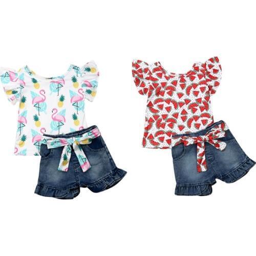 Toddler Kids Baby Girl Floral Outfit Set 2Pcs Cartoon Cotton Tops T-shirt Knot Denim Pants Shorts Summer Sunsuit Clothing Sets