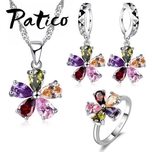 Top Quality Jewelry Set Shining Colorful Cubic Zircon Crystal Flower Necklace Earrings Rings 925 Sterling Silver Bridal Sets