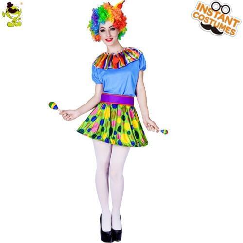 Colorful Clown Dress Costume Women Funny Rainbow Clown Cosplay Fancy Outfits Carnival Party Sexy Lady Decoration