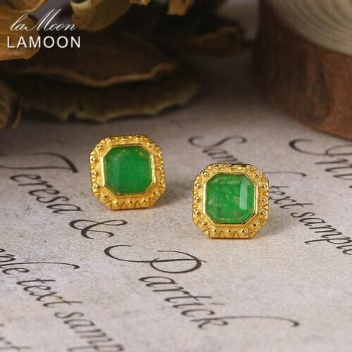 LAMOON Luxury Vintage Dyed Green Jade Earring For Women 925 Silver Stud Earring 14K Gold Plated Fine Jewelry Mother Gift LMEI098