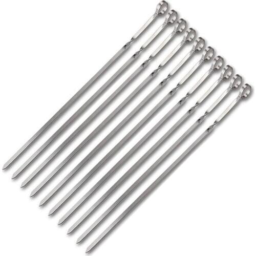 10Pcs Long Stainless Steel BBQ Grill Bar Sticks Set with Handle Reusable Barbecue Skewers Outdoor BBQ Accessories
