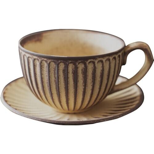 Antique coffee cup and dish handmade Japanese flower cup European style small coarse ceramic coffee cup saucer set 300ml