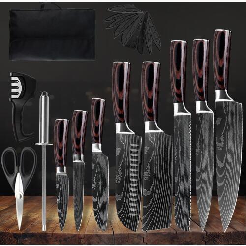 Zemen 7Cr17 Stainless Steel Chef Knife Set & Sharpener Scissors Damascus Veins Kitchen Knives Tool and 12 Pockets Knife Roll Bag