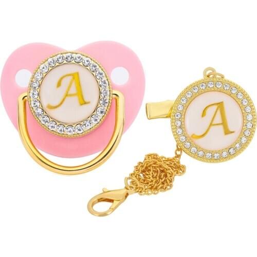 Initial Letter Baby Pacifier and Pacifier Clips Gold Bling BPA Free 26 Letters Name Silicone Infant Nipple Newborn Dummy Soother