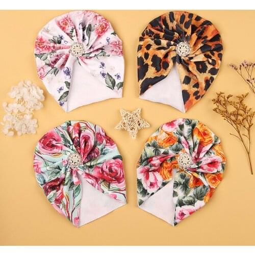 New Flower Leopard Dot Print Baby Hat Turban Rhinestone Pearl Baby Boys Girls Hat Newborn Infant Toddler Cap Beanies Headwrap