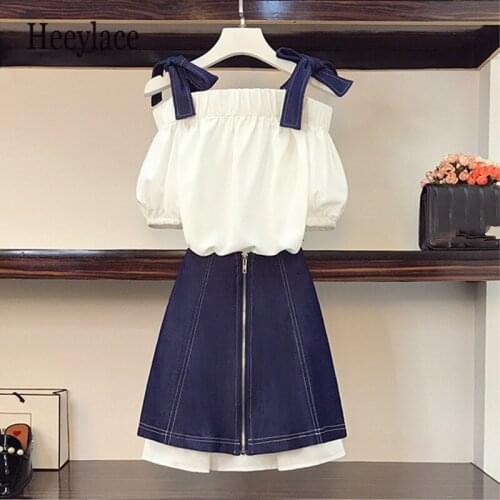 Plus size women Suit Puff sleeve Bow Tie Off Shoulder Cotton Long shirt Dress + Zipper A-line Denim Skirt 2 Pieces Set for Women