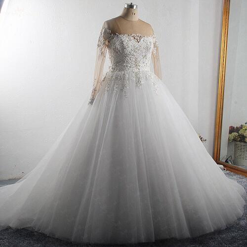 RSW1494 Long Sleeves Illusion Tulle Africa Silver Lace Appliques Wedding Dress 2019 Plus Size