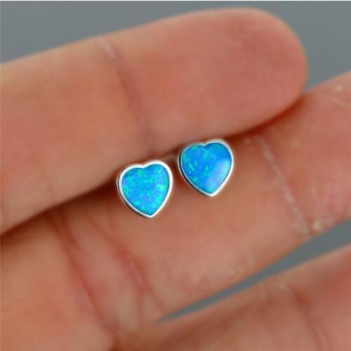 Boho Female Small Heart Stud Earrings Fashion Blue White Pink Opal Wedding Earrings Real 925 Sterling Silver Earrings For Women