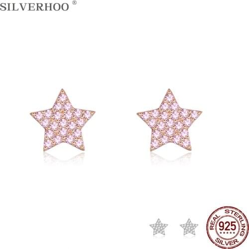 SILVERHOO 925 Sterling Silver Trendy Star Stud Earrings Clear Cubic Zirconia Small Earrings For Women Fine Silver 925 Jewelry