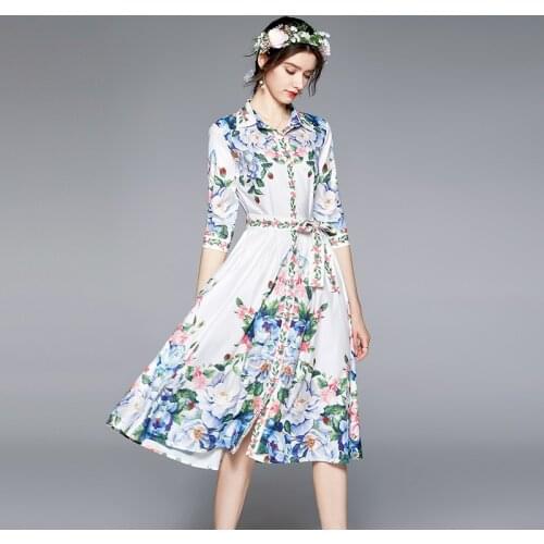 Chiffon Vintage Floral Dresses Turn-down Collar Palace Print French Style Dress Retro Catwalk 3/4 Sleeves Floral Dress for Women
