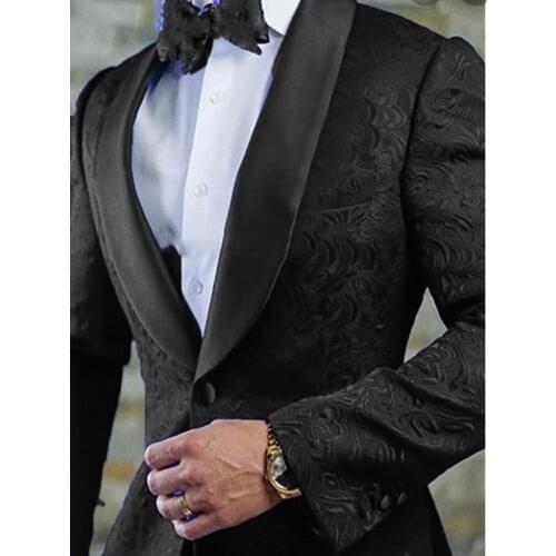 Groomsmen Black Pattern Groom Tuxedos Shawl Satin Lapel Men Suits 2 Pieces Wedding Bridegroom ( Jacket + Pants + Bow Tie ) D299