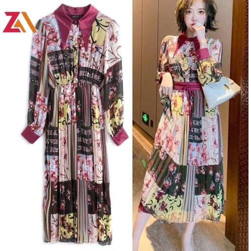 ZALady Designer Summer Autumn Women Midi Dress Runway Vintage Printed Long Sleeve High Waist Belt Elegant Streewear Shirt Dress