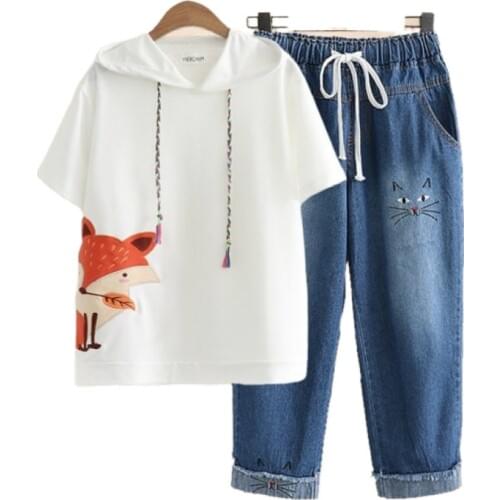 Women 2 Piece Summer Outfits Set Cartoon Fox Appliques Hooded T Shirt And Elastic Waist Embroidery Calf Length Denim Pants Jeans