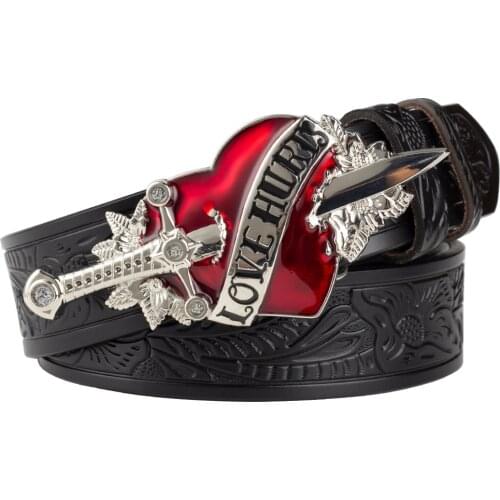 Love Hurts Buckle Sword and Red Heart for Women Fashion Embossed Leather Belt Leisure Decoration